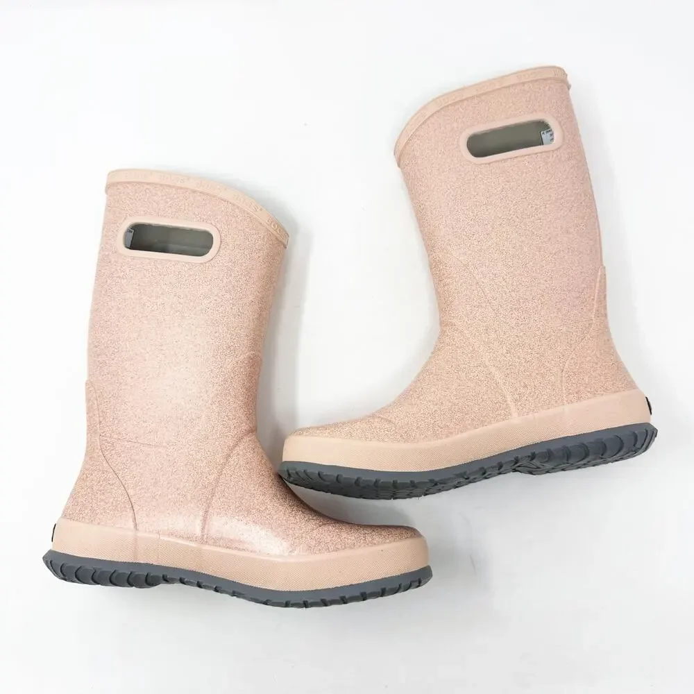 NWOB Bogs Pastel Pink Glitter Rubber Rainboots Girls Size 4 Pull On Waterproof